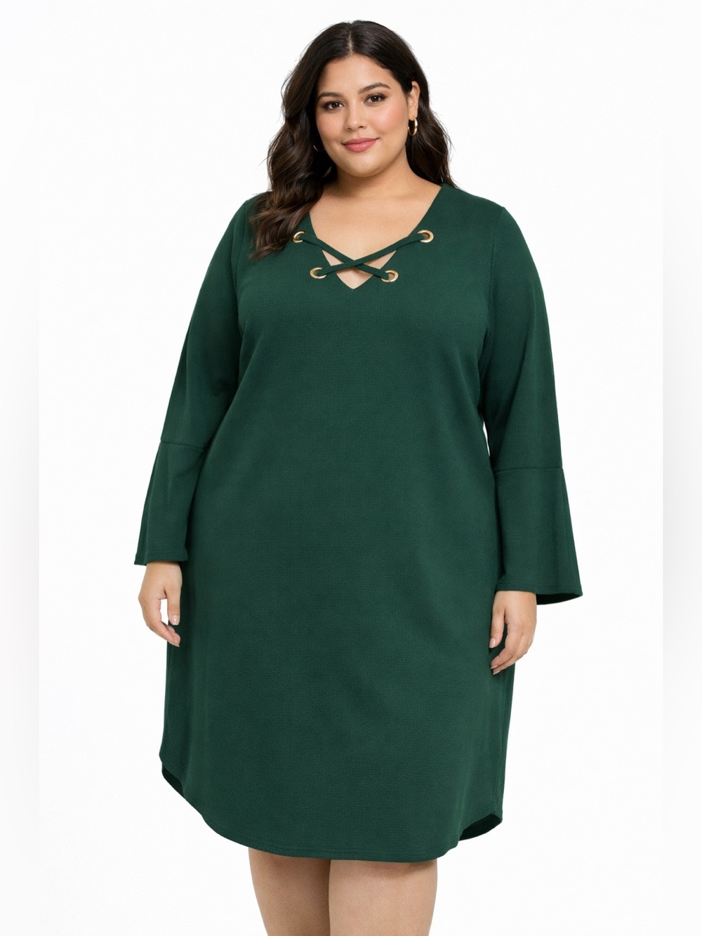 Harlow & Rose Womens Bell Sleeve Dress in Emerald Green Sz 2X